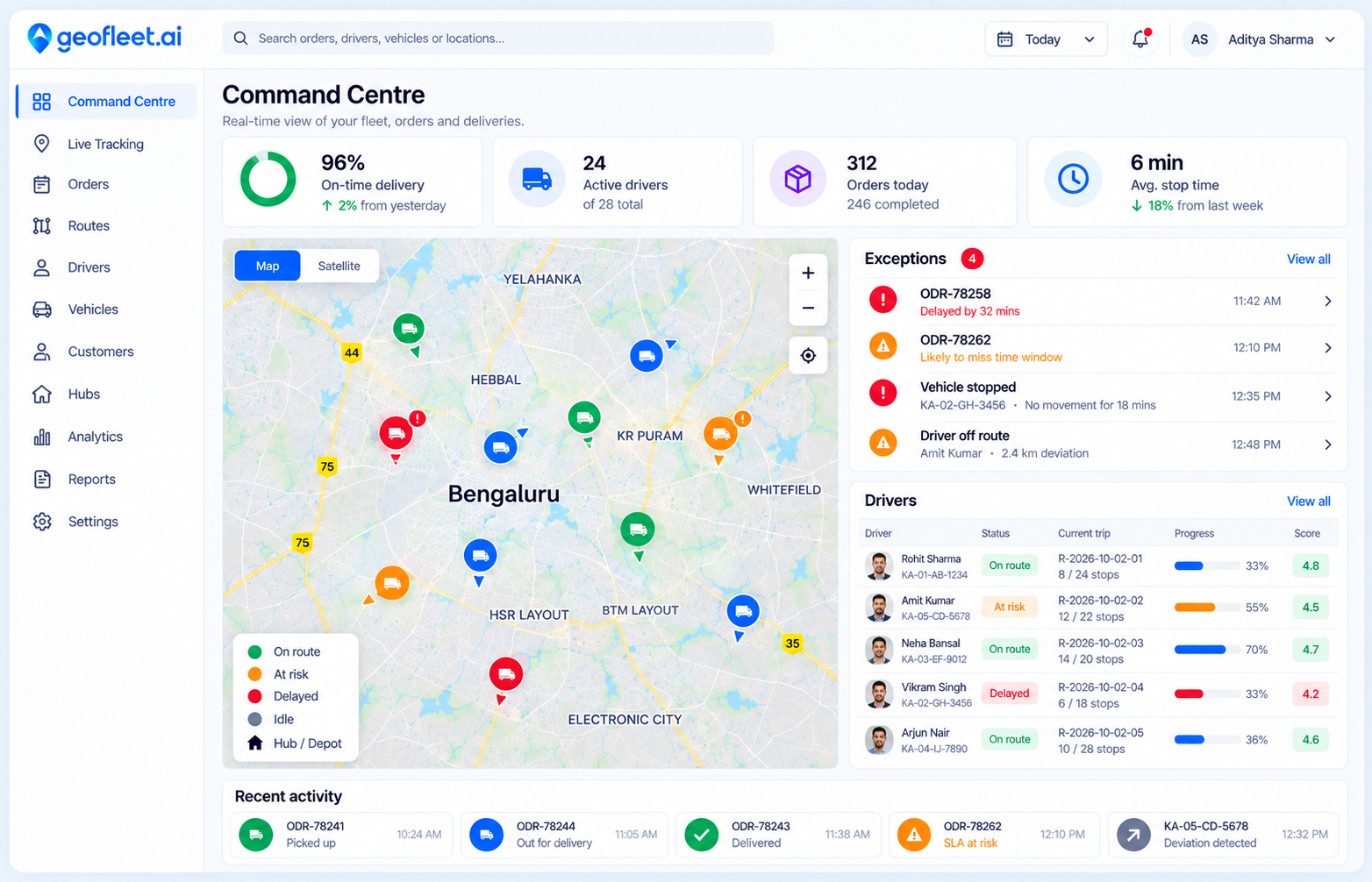 Geofleet command centre — live map and operations view