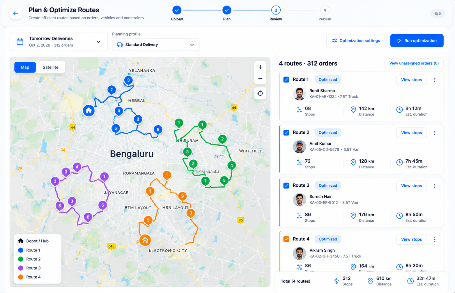 Geofleet Smart Planning generating optimized routes from a planning profile