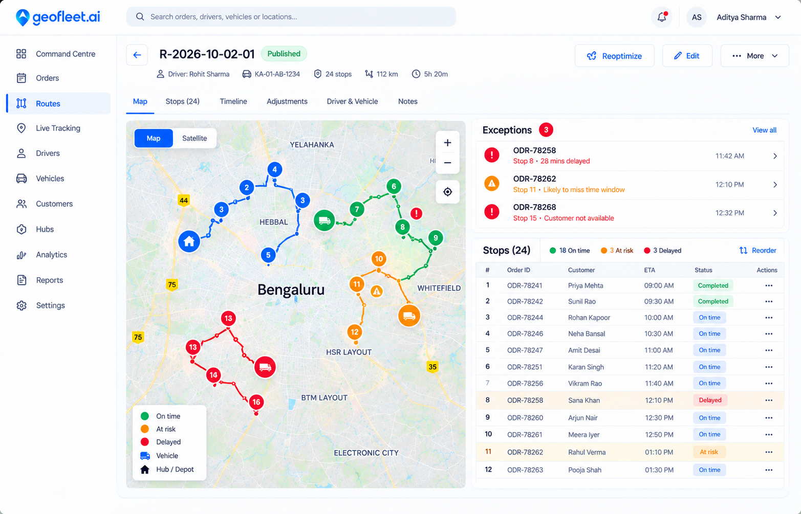 Resequencing delivery orders on a live route map in Geofleet