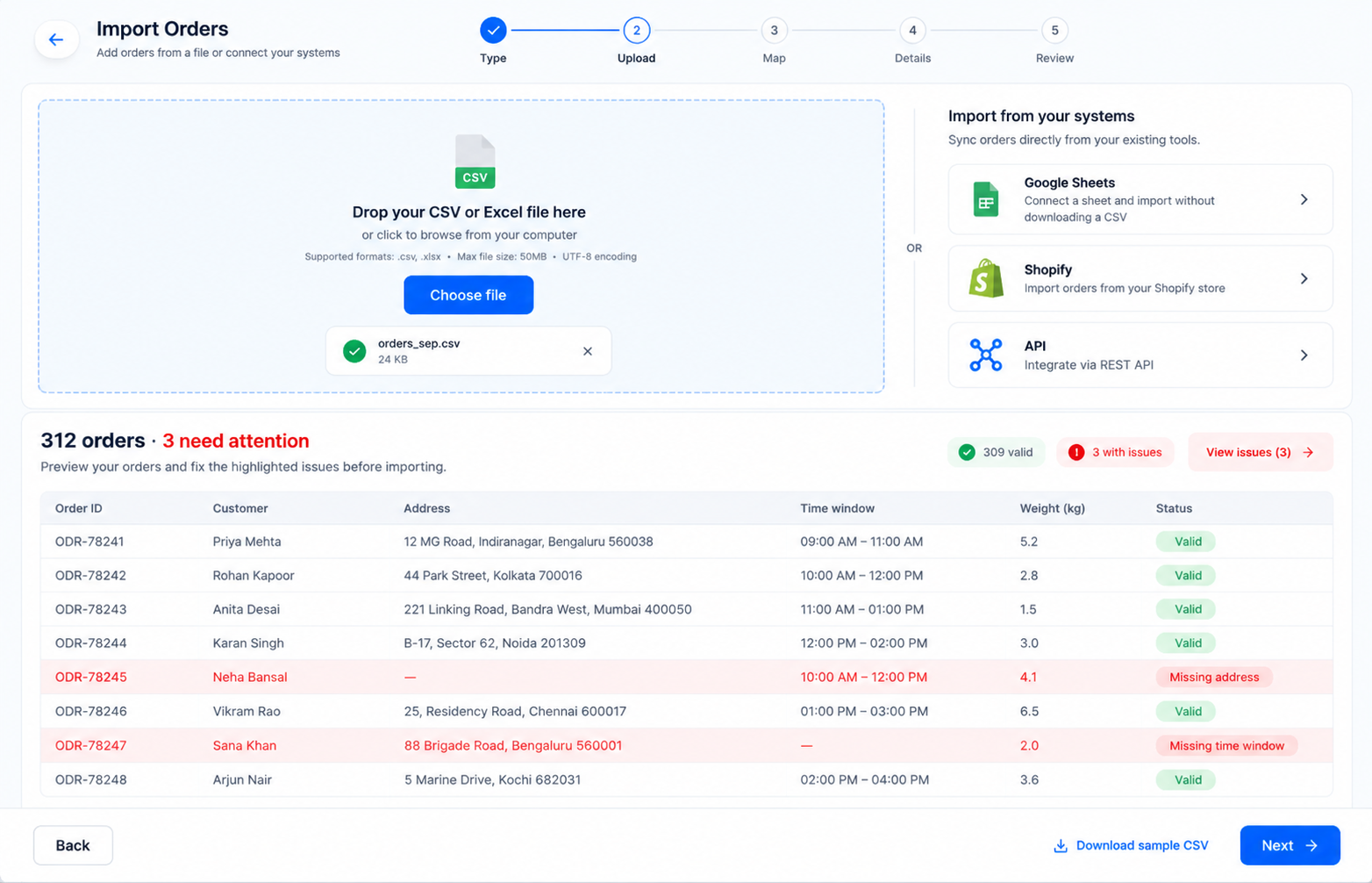 Uploading a CSV of delivery orders into Geofleet
